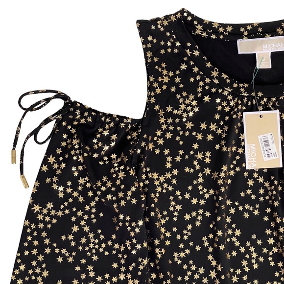 Michael Kors Cold Shoulders Blouse Gold Stars Print Long Sleeves Logo Ties - Picture 5 of 10